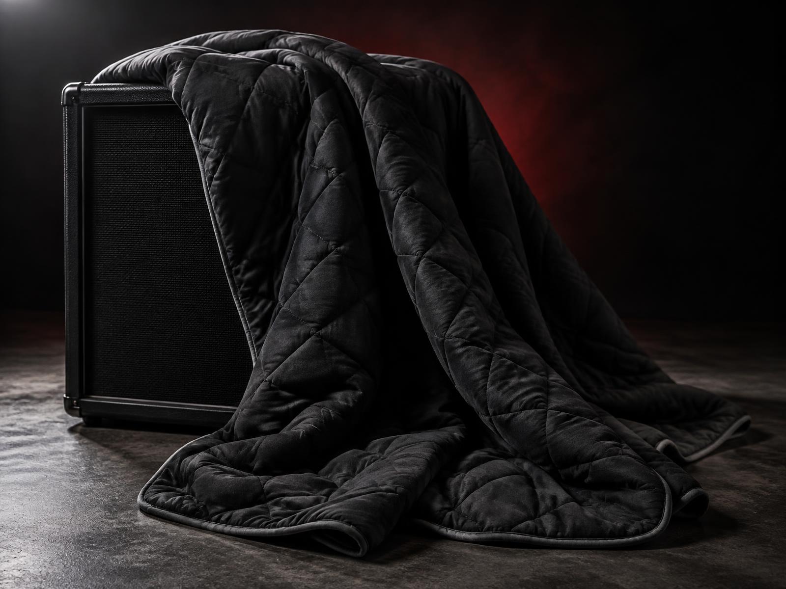Black diamond-quilted Heavy Metal Blanket draped over an amp cabinet
