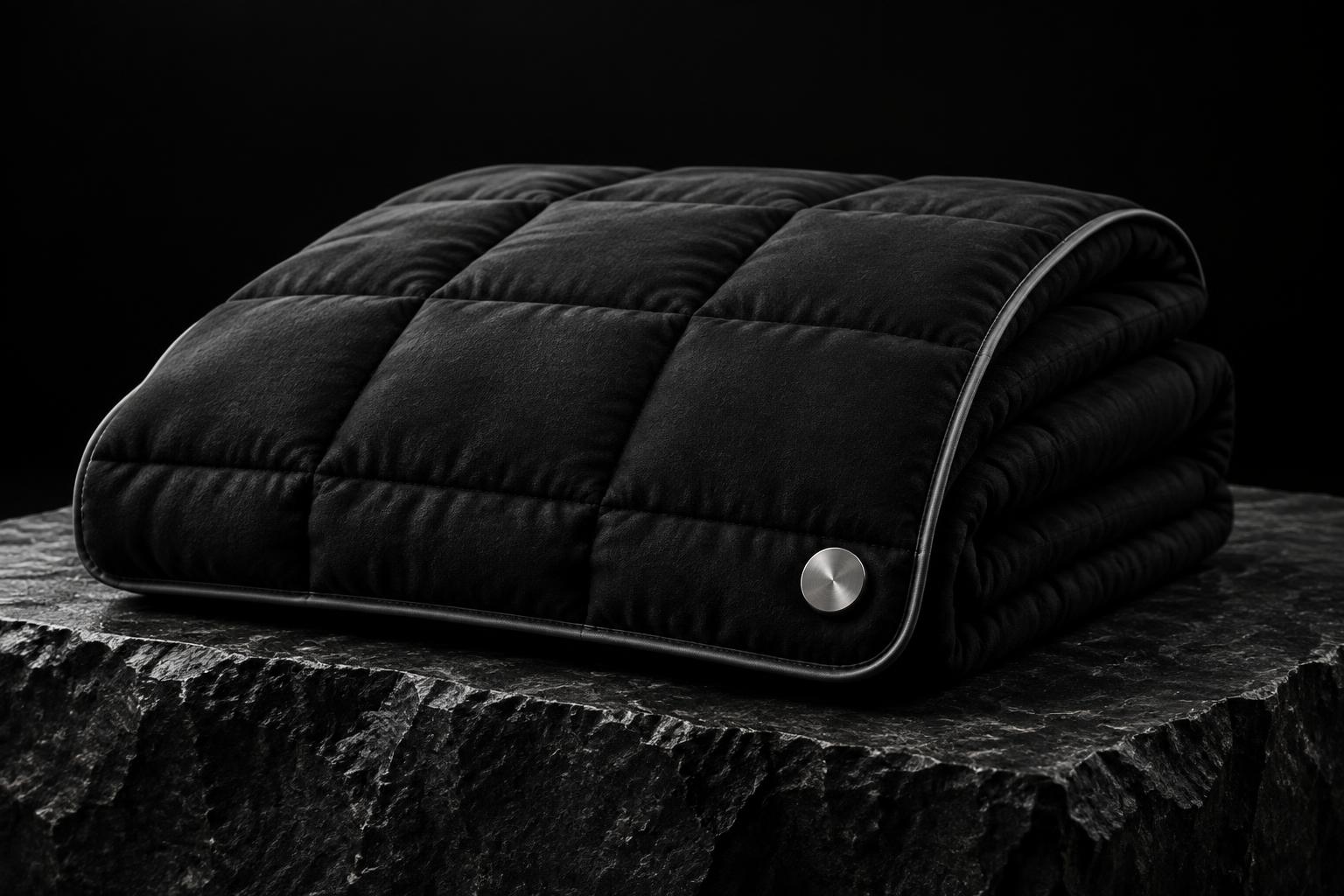 Unplugged black weighted blanket with chrome seam and knob patch